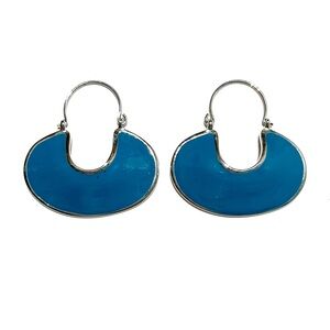 Vintage Teal Blue Silver Tone Dangling Hoop Earrings Oval Statement Hoop Colour
